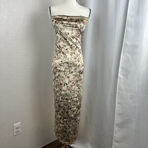 Y2K Fairy Velvet Midi Dress Womens XS Beige Floral Cowl Neck Stretch‎ Whimsigoth